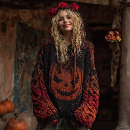 Women's Halloween Spooky Face Celtic Gradient Art Cozy Knitted Hooded Sweater