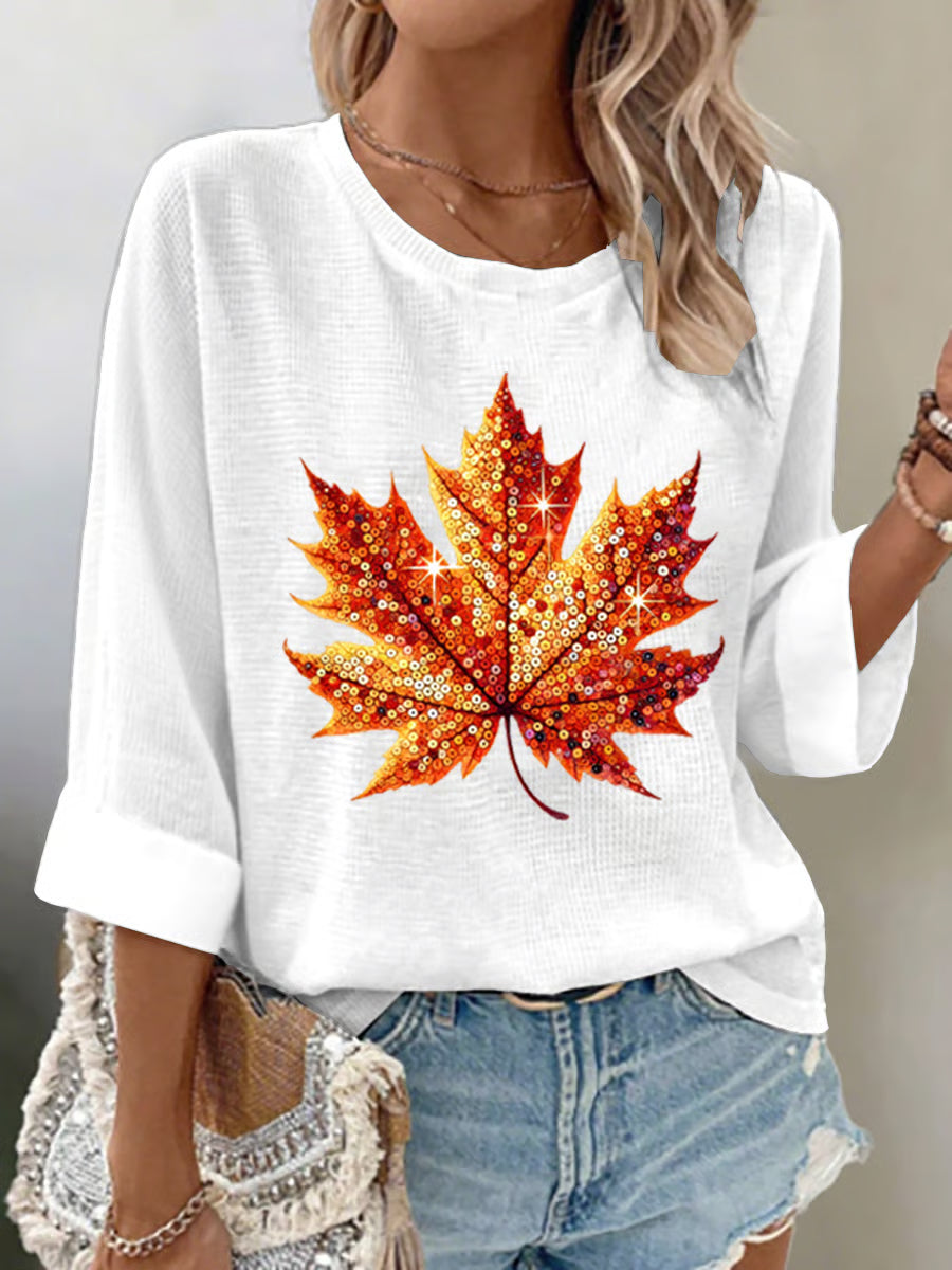 Women's Autumn Sequin Maple Leaf Print Waffle Fabric 3/4 Sleeve Top