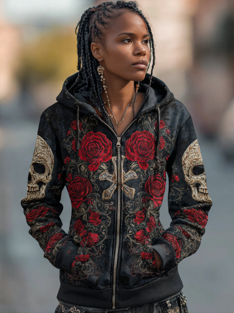 Halloween Dark Retro Lady Skeleton And Red Rose Pattern Printed Long Sleeve Hooded Sweatshirt Jacket