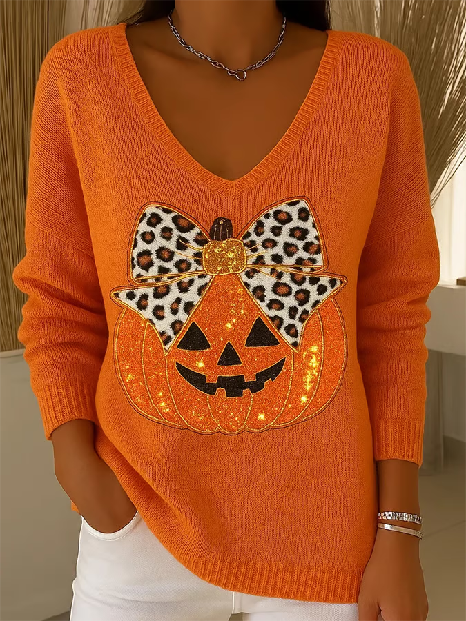Women's Autumn Sequin Pumpkin Print Long Sleeve Top