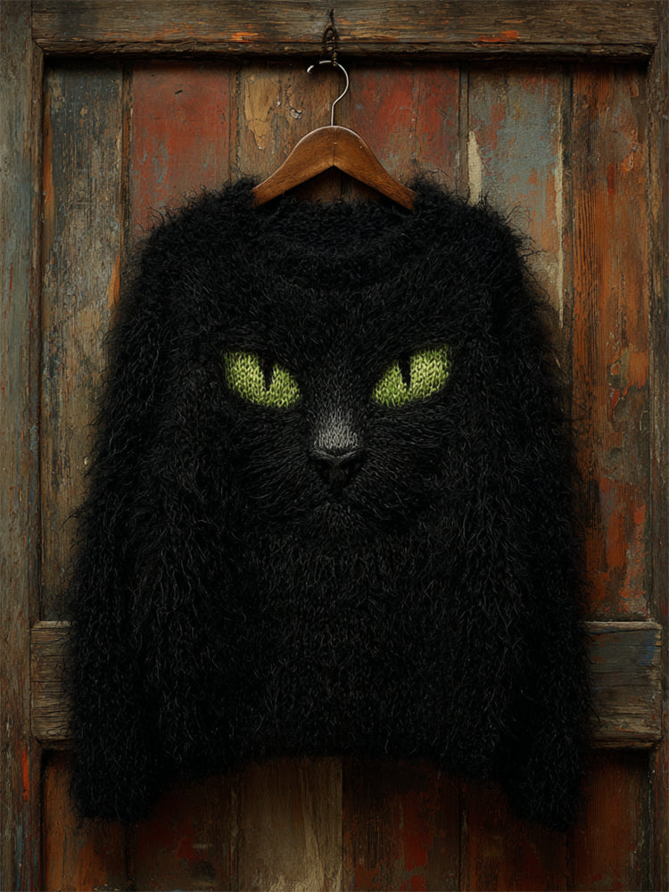 Halloween Fuzzy Black Cat Inspired Cozy Knit Sweater