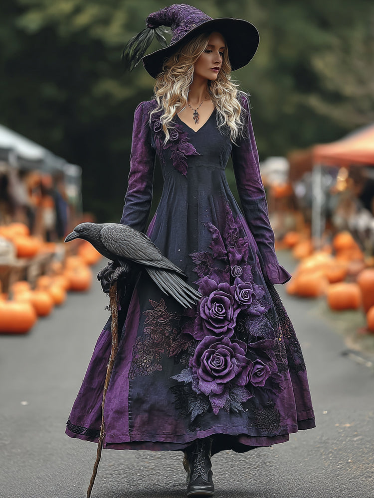Women's Vintage Halloween Purple Rose Art Comfy Linen Maxi Dress