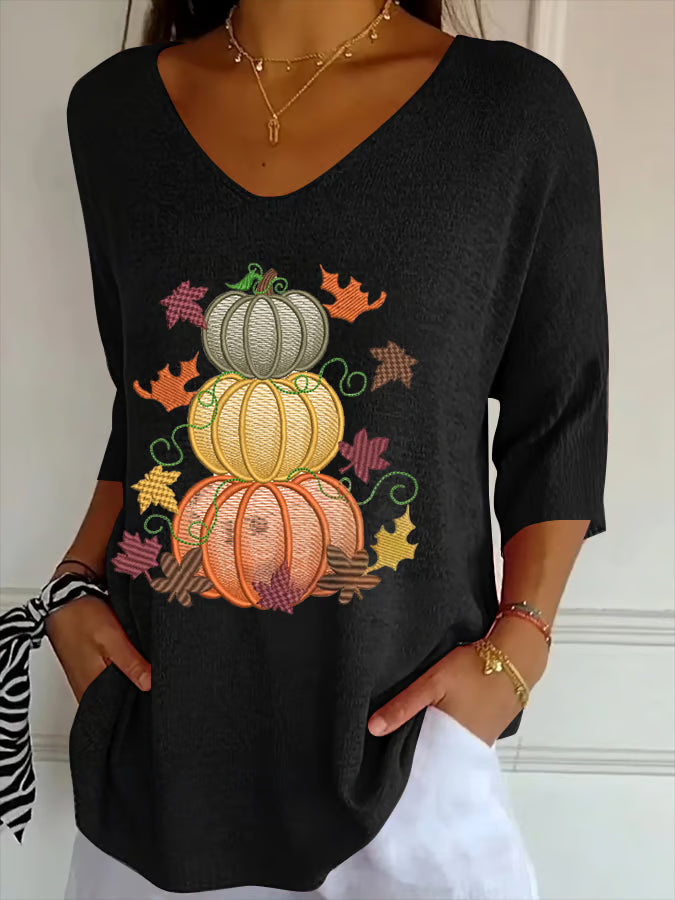 Women's Casual Autumn Pumpkin Striped T-Shirt