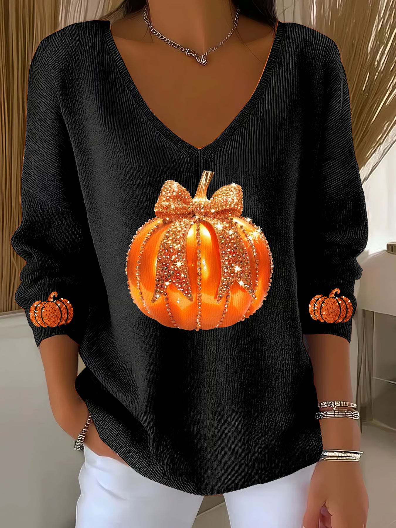 Women's Autumn Sequin Pumpkin Print V-Neck T-Shirt