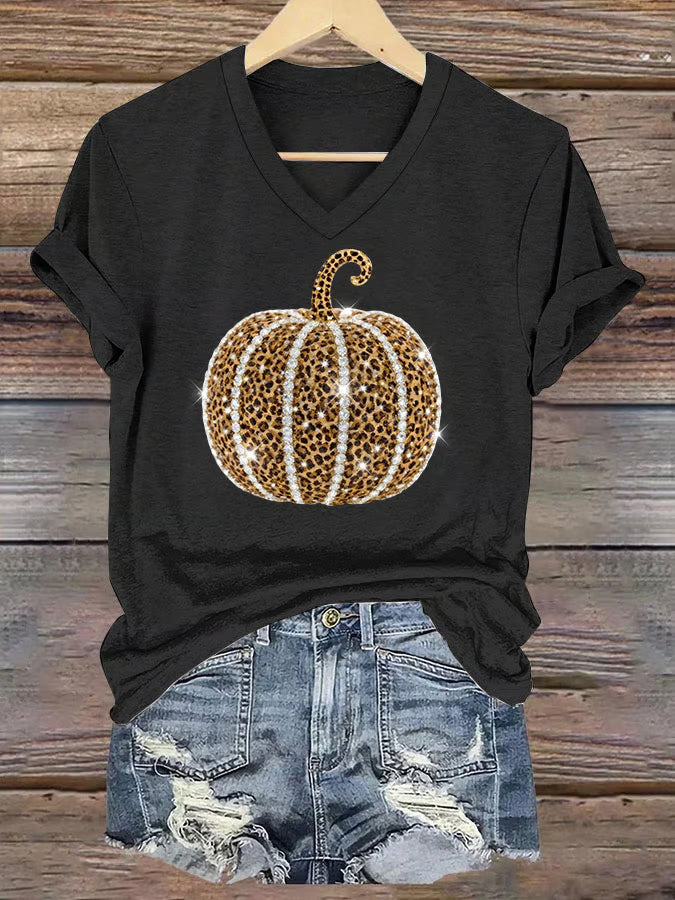 Women's Autumn Rhinestone Pumpkin Print V-Neck Short-Sleeved T-Shirt