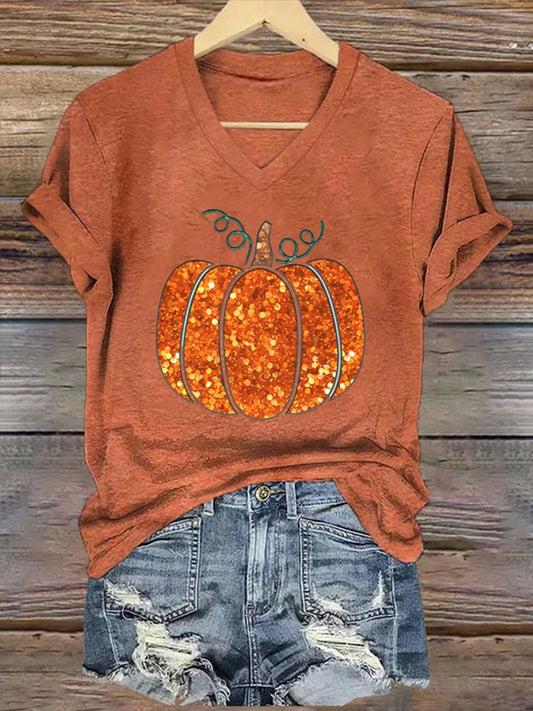 Women's Sequin Pumpkin Print Casual T-Shirt