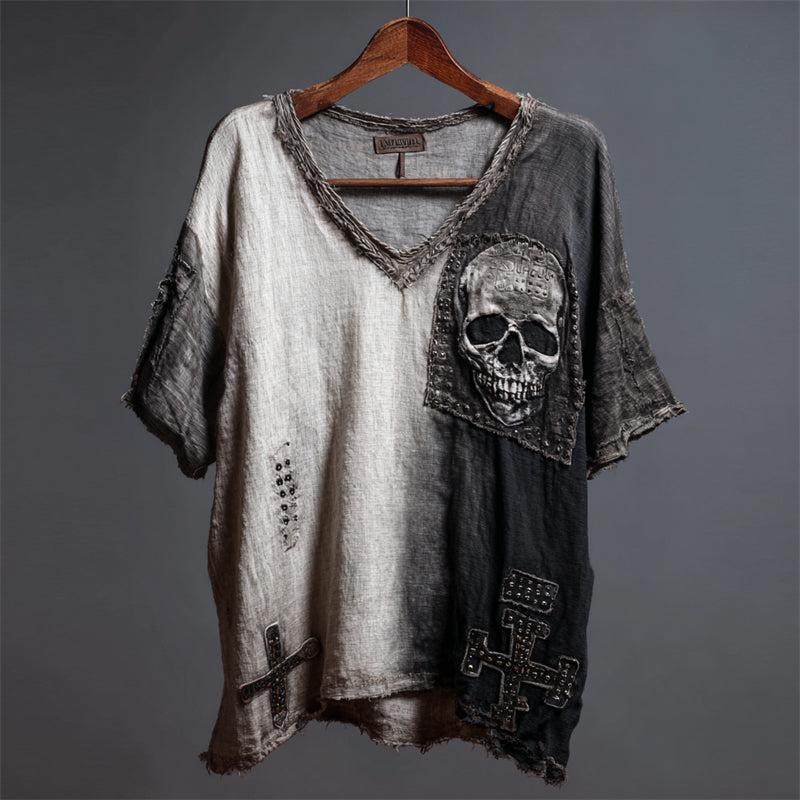 Men's Skull Cross Patch Contrast Gradient Linen Shirt