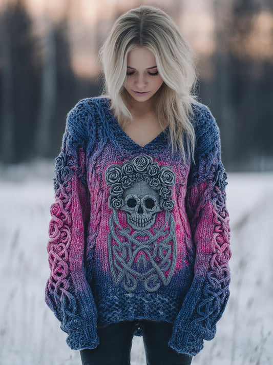 Women's Vintage Celtic Knot Skull Gradient V-neck Sweater
