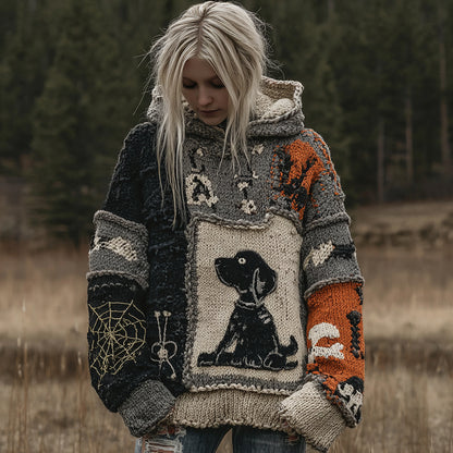 Dog Spiderweb Patchwork Stitched Cozy Knit Hoodie