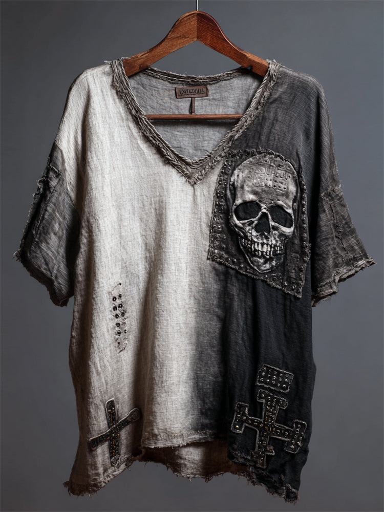 Men's Skull Cross Patch Contrast Gradient Linen Shirt