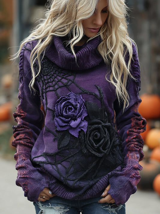 Vintage Halloween Black And Purple Rose Art Cozy Knit Turtleneck Sweater