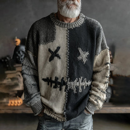 Men's Halloween Spooky Face Colorblock Stitched Cozy Knit Sweater