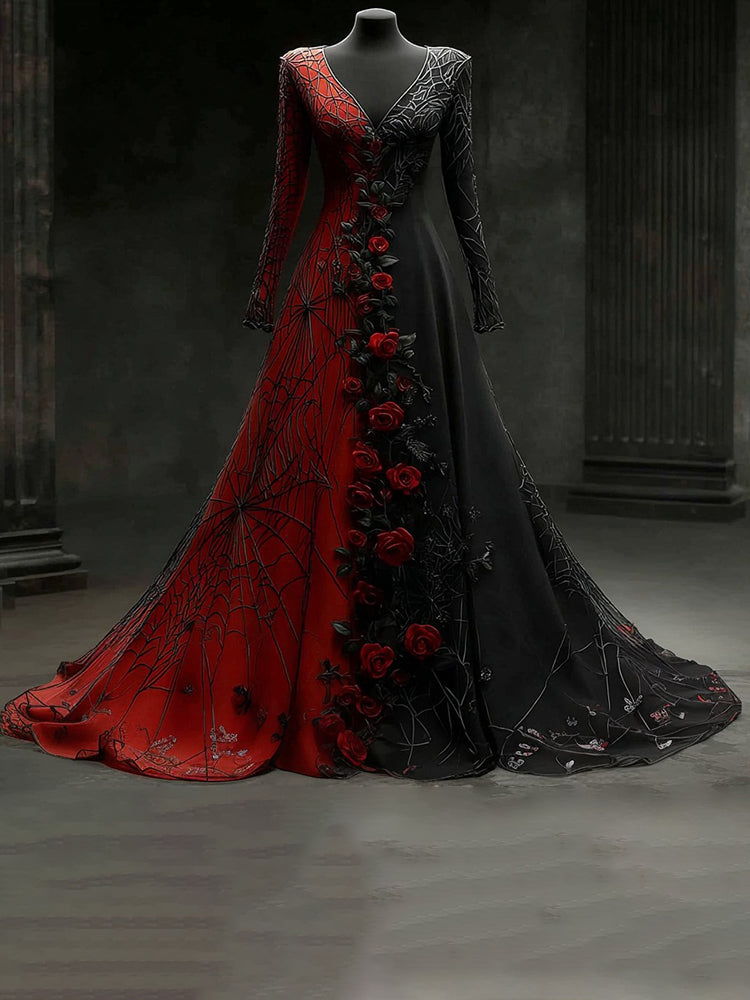 Women's Vintage Halloween Spider Web Rose Pattern V-neck Long Sleeve Dress
