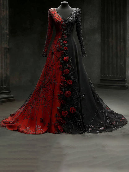 Women's Vintage Halloween Spider Web Rose Pattern V-neck Long Sleeve Dress