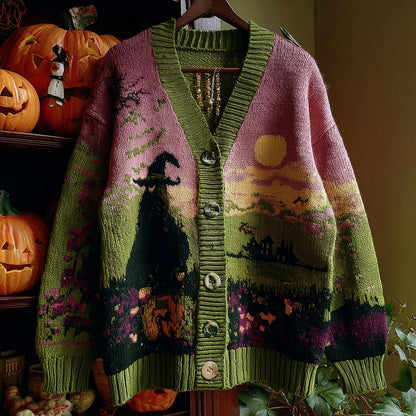 Halloween Witch Pattern Knitted Warm Sweater Cardigan