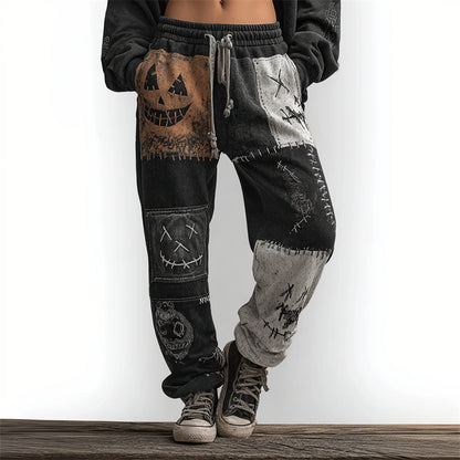 Halloween Spooky Faces Colorblock Stitched Washed Sweatpants