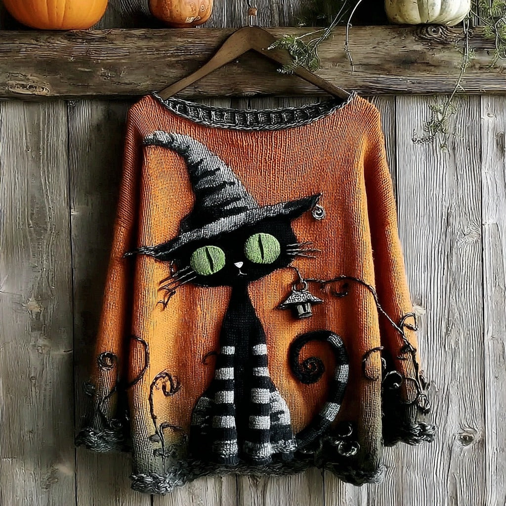 Halloween Black Cat Knitted Crew Neck Sweater