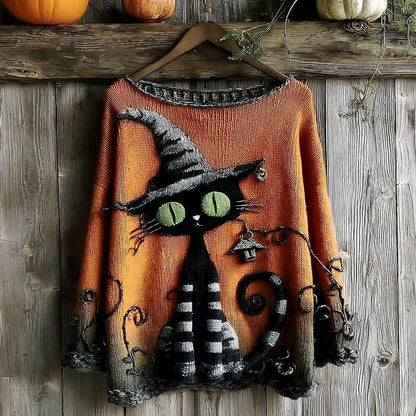Halloween Black Cat Knitted Crew Neck Sweater