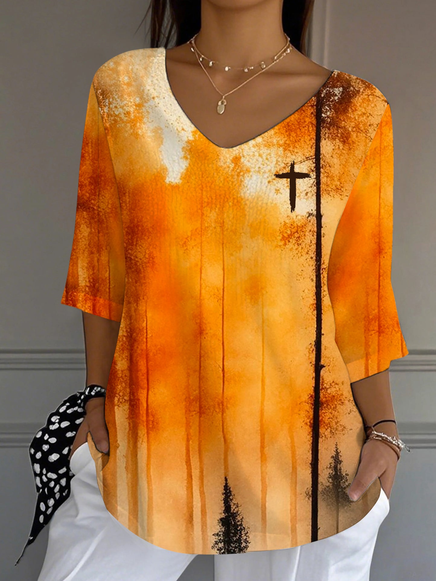 Women's Autumn Faith Oil Painting Print Casual Top