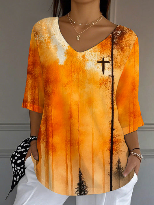 Women's Autumn Faith Oil Painting Print Casual Top
