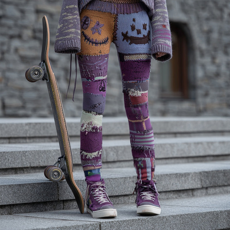 Vintage Halloween Inspired Patchwork Cozy Knitted Leggings