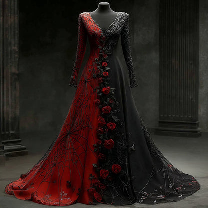 Women's Vintage Halloween Spider Web Rose Pattern V-neck Long Sleeve Dress
