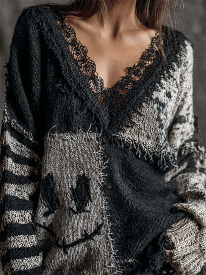 Halloween Spooky Face Contrast Patchwork Cozy Knit Sweater