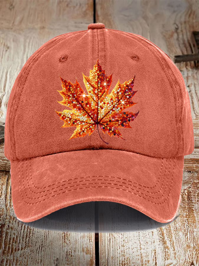 Sequined Pumpkin Maple Leaf Print Hat
