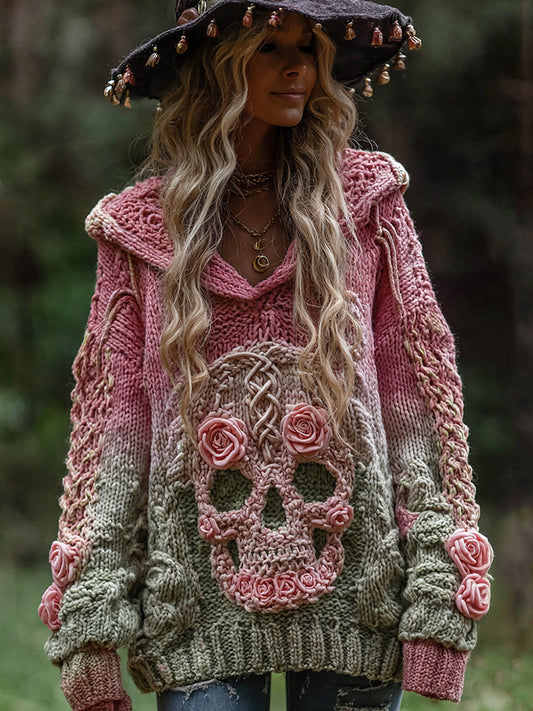Women's Vintage Viking Tribal Jacquard Celtic With Rose And Skull Inspired Chunky Knit Hooded Sweater