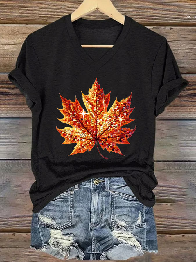 Women's Autumn Sequin Maple Leaf Print V-Neck T-Shirt