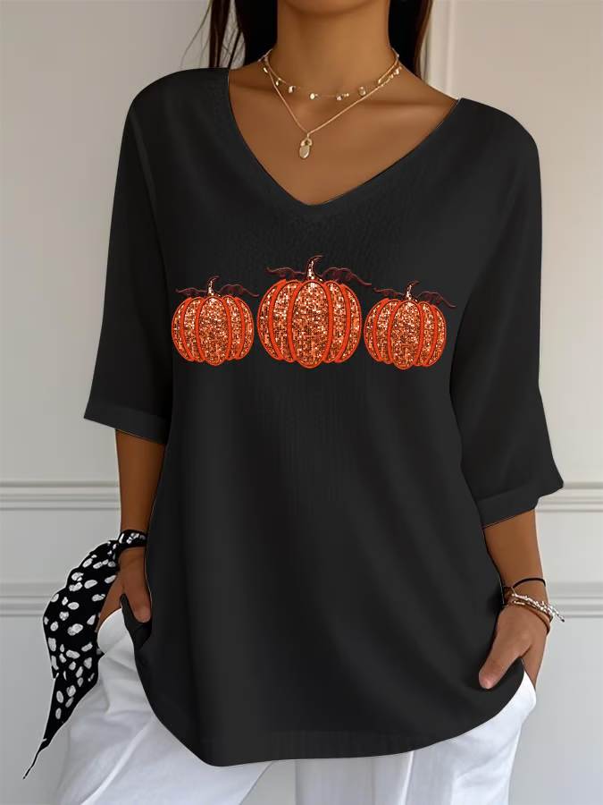 Women's Sequined Pumpkin Print Jacquard Fabric Casual V-Neck Top