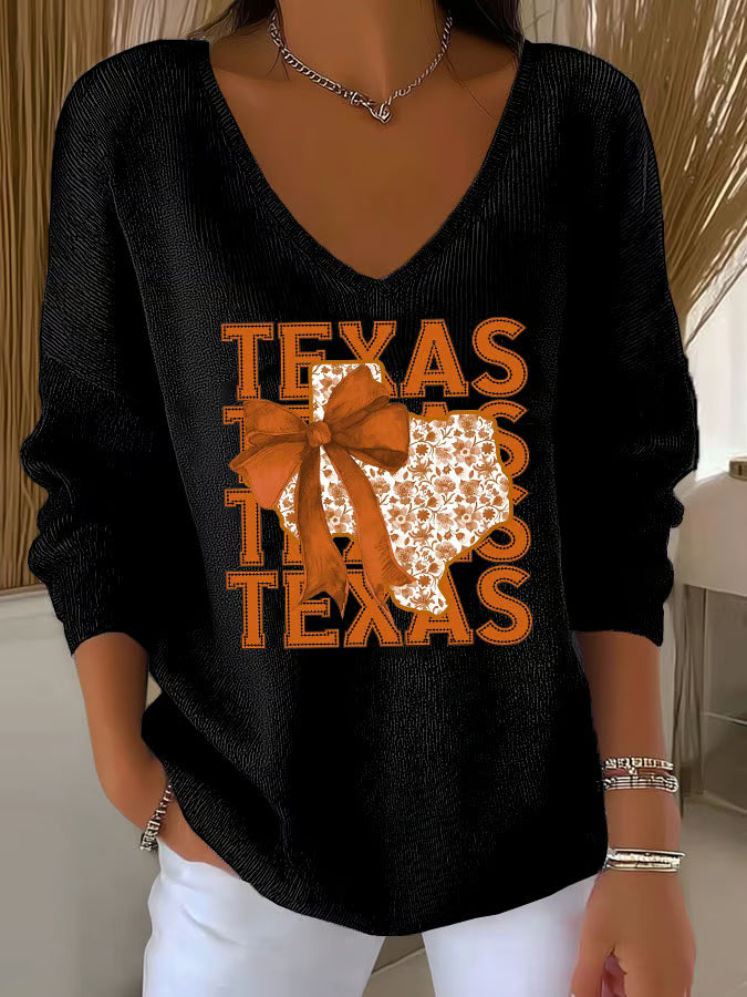 Women's Retro Burnt Orange Texas Coquette Bow Print Knitted Top