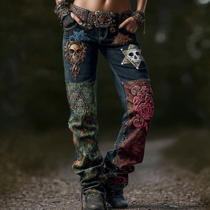 Women's Viking-style Celtic Triangle Vintage Long-sleeved Jeans