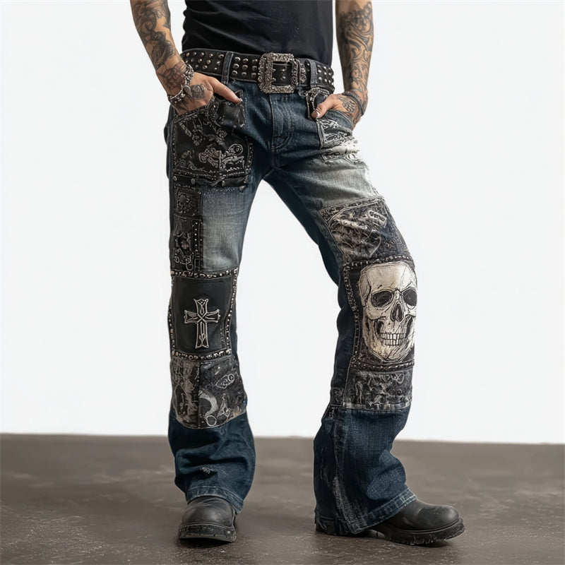Men's Rock Skull Cross Patchwork Studded Washed Bootcut Jeans