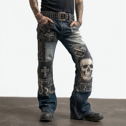 Men's Rock Skull Cross Patchwork Studded Washed Bootcut Jeans
