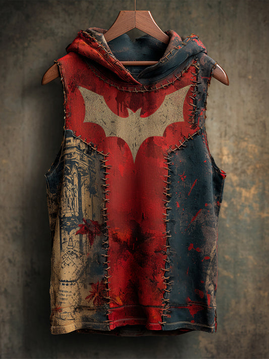 Halloween Bat Vintage Patchwork Men's Hooded Tank