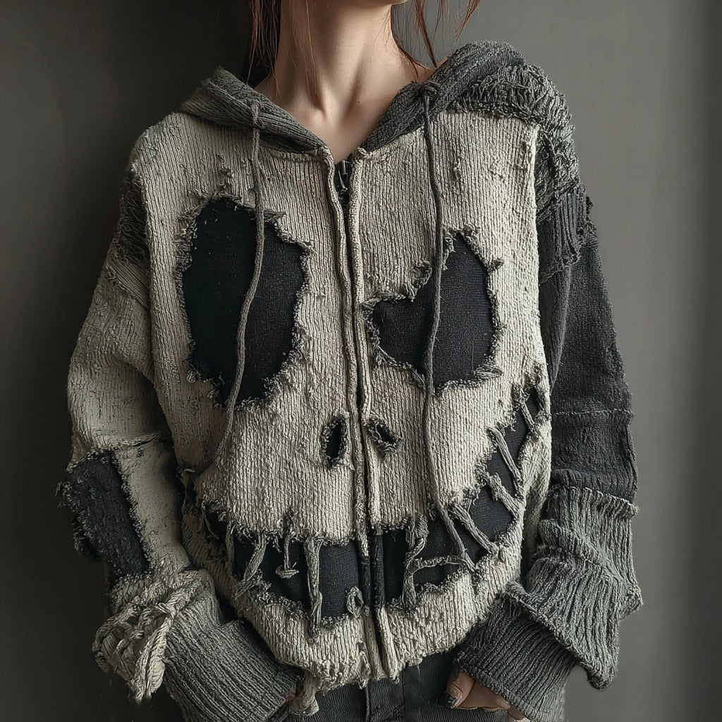 Halloween Spooky Smiley Face Knitted Warm Hooded Zip-up Sweater