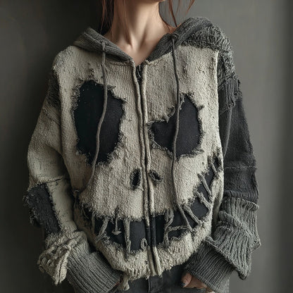 Halloween Spooky Smiley Face Knitted Warm Hooded Zip-up Sweater