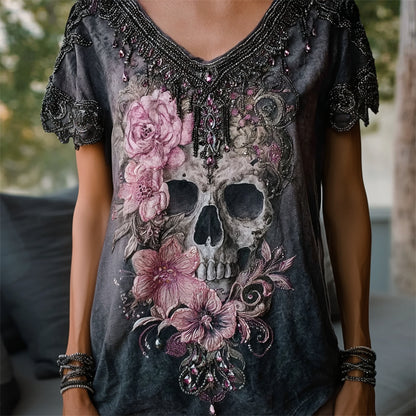 Skull & Pink Flowers Beaded Dyed V Neck T Shirt