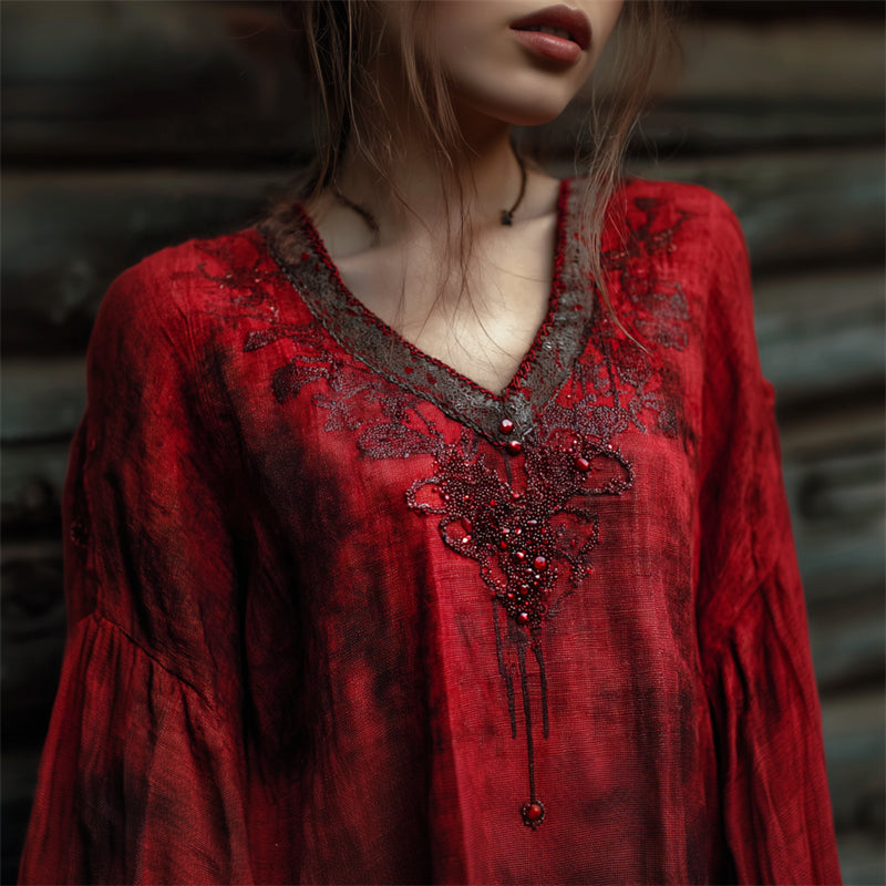 Halloween Vintage Bloody Rhinestone Beaded Linen Tunic