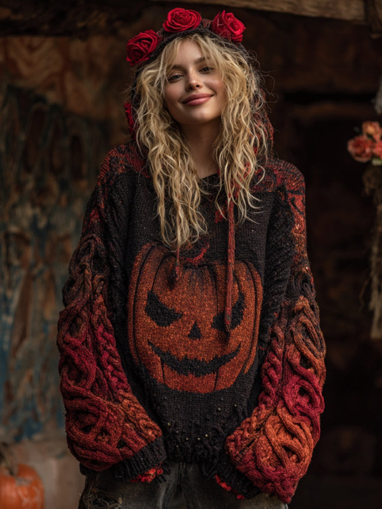 Women's Halloween Spooky Face Celtic Gradient Art Cozy Knitted Hooded Sweater