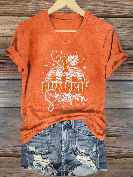 Women's Pumpkin Season Print Short Sleeve T-Shirt