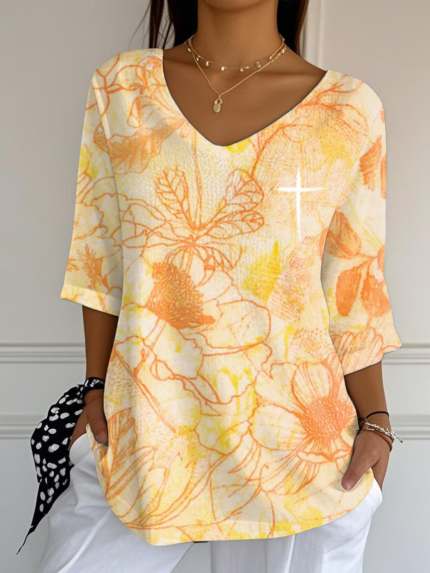 Women's Autumn Floral V-Neck Print Long Top