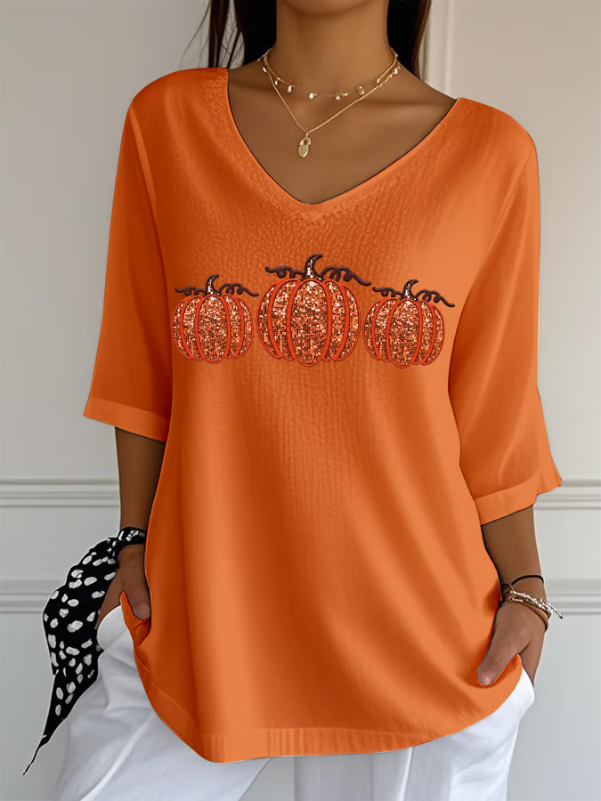 Women's Sequined Pumpkin Print Jacquard Fabric Casual V-Neck Top