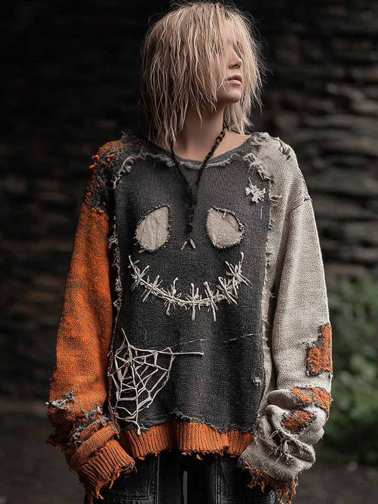 Halloween Spooky Face Patchwork Design Cozy Knit Sweater
