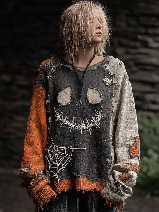 Halloween Spooky Face Patchwork Design Cozy Knit Sweater