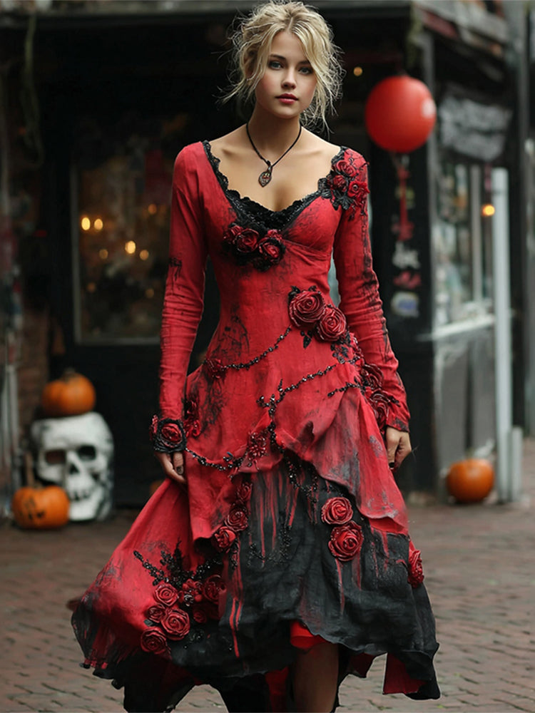 Retro Red Rose Embroidery Beaded Gradient Midi Dress