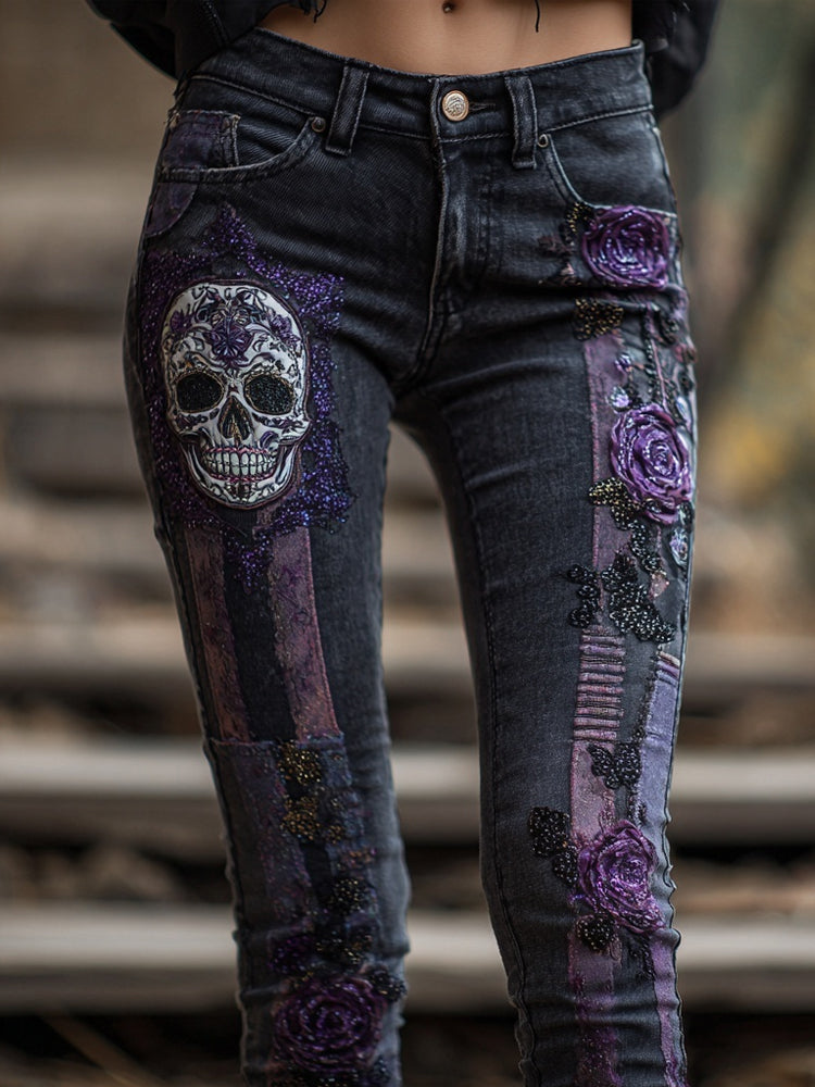 Halloween Skull & Roses Embroidered Washed Skinny Jeans