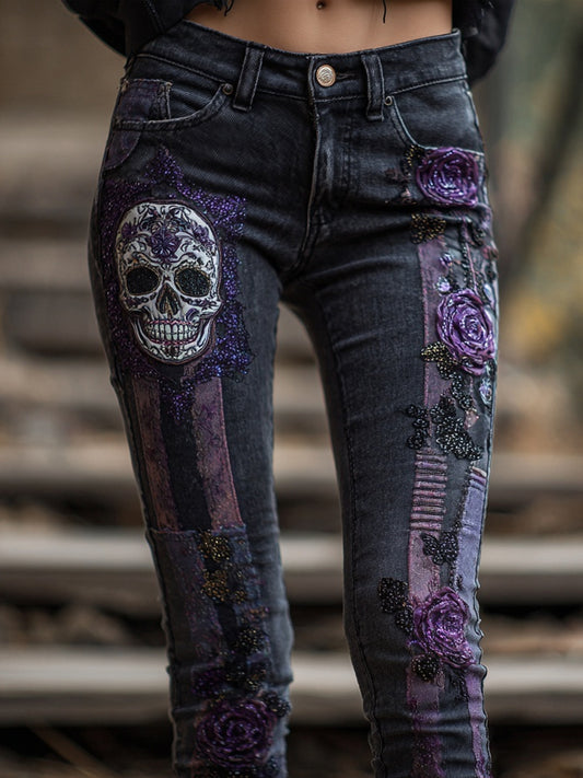 Halloween Skull & Roses Embroidered Washed Skinny Jeans