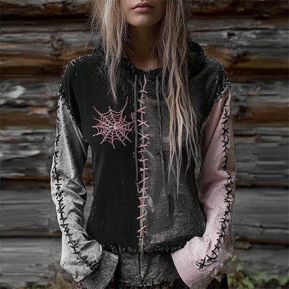 Halloween Spiderweb Stitched Colorblock Patchwork Washed Hoodie